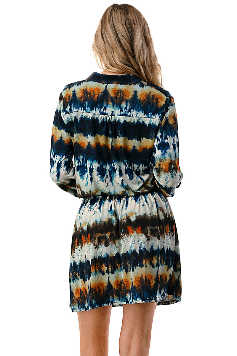 Navy Multicolor Tie-Dye Long Sleeve Smocked Waist Dress