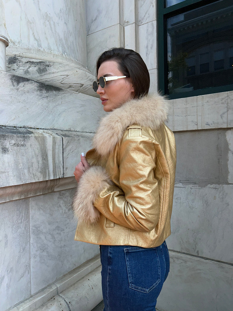 Cropped military jacket with fur cuffs and collar - metallic gold