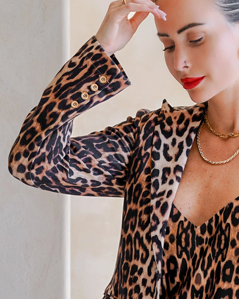 Leopard Print Tailored Blazer with Gold Button Closure