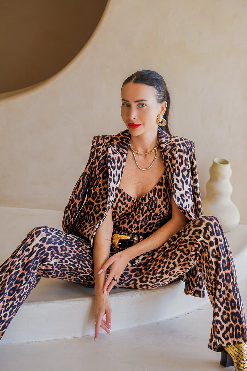 Leopard Print Tailored Blazer with Gold Button Closure