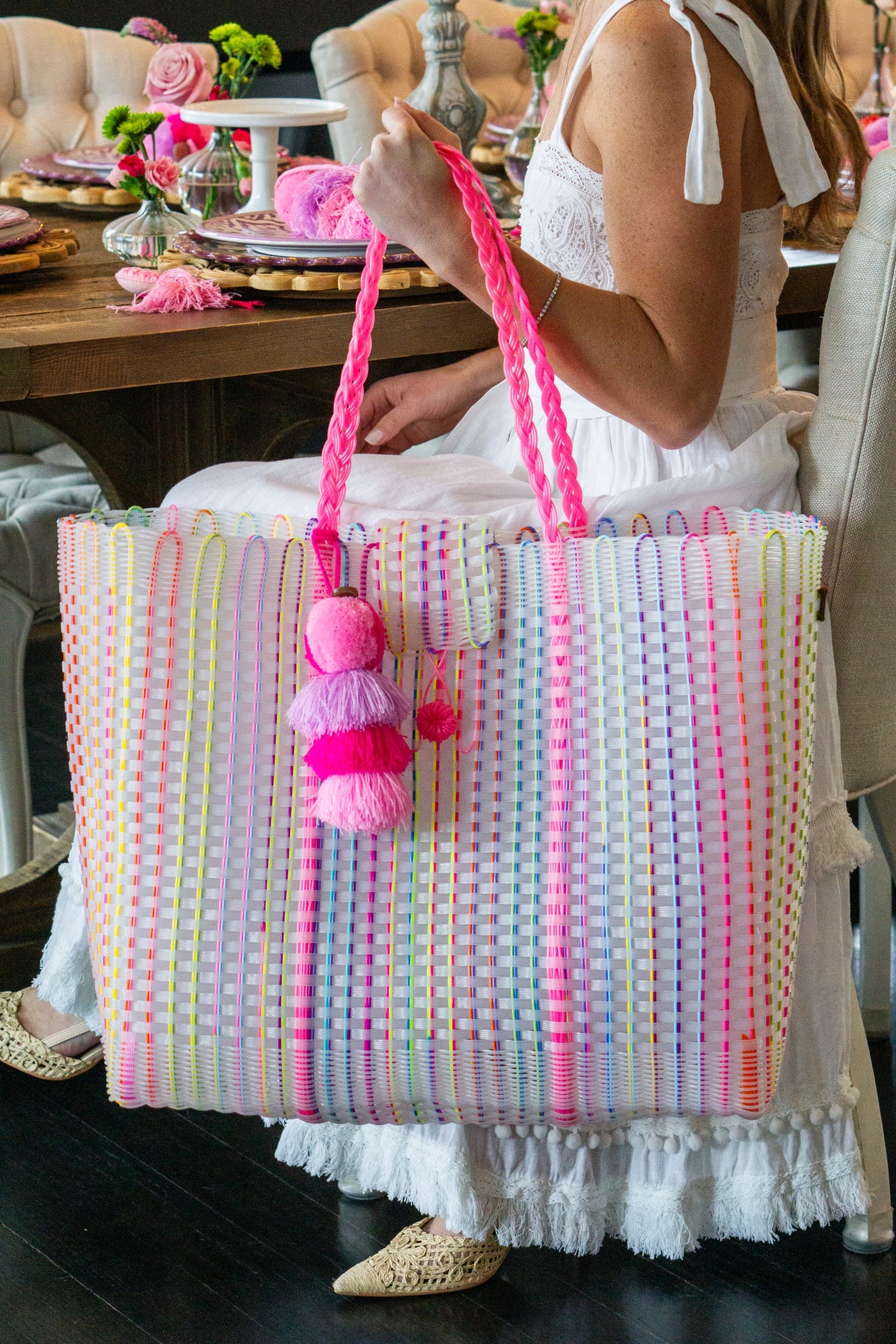 Rainbow Tote Bag with Neon Pink Handles and Tassel Charm