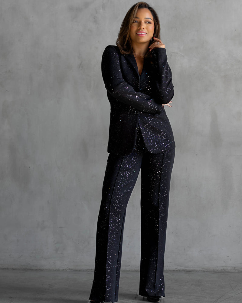 Black Galaxy Print Wide-Leg Pants with Side Zipper Detail