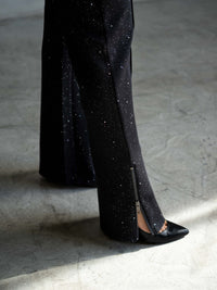 Black Galaxy Print Wide-Leg Pants with Side Zipper Detail