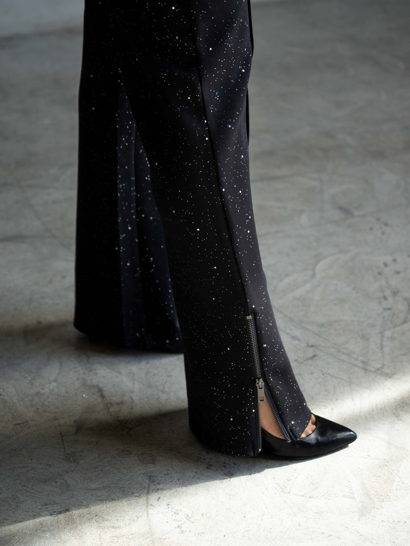 Black Galaxy Print Wide-Leg Pants with Side Zipper Detail