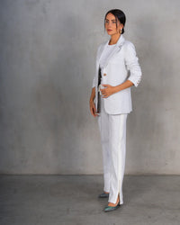 Light Gray Tailored Blazer with Gold Button Detail