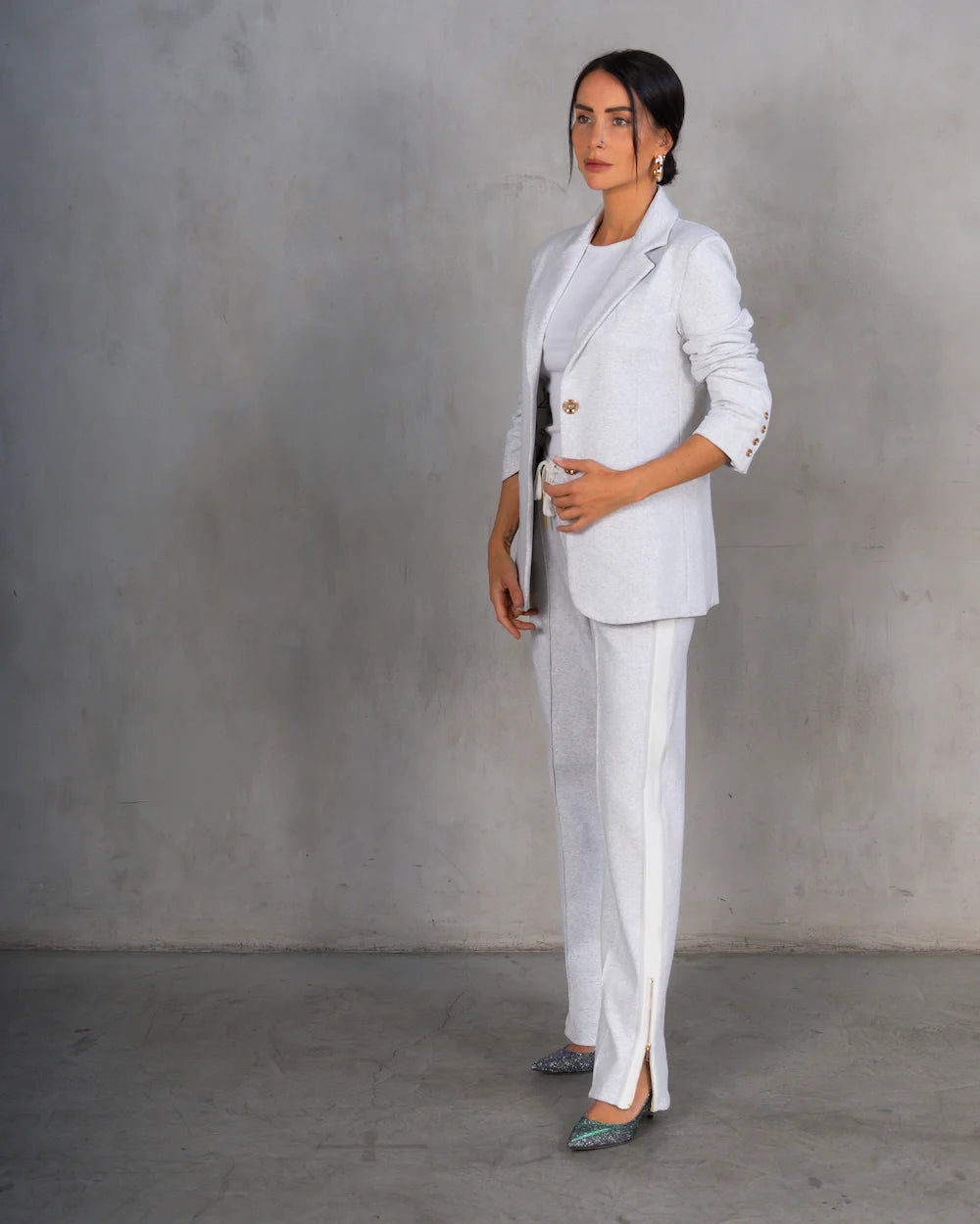 Light Gray Tailored Blazer with Gold Button Detail