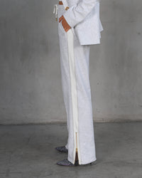 Light Gray Wide-Leg Pants with White Side Stripe and Zipper Hem Detail