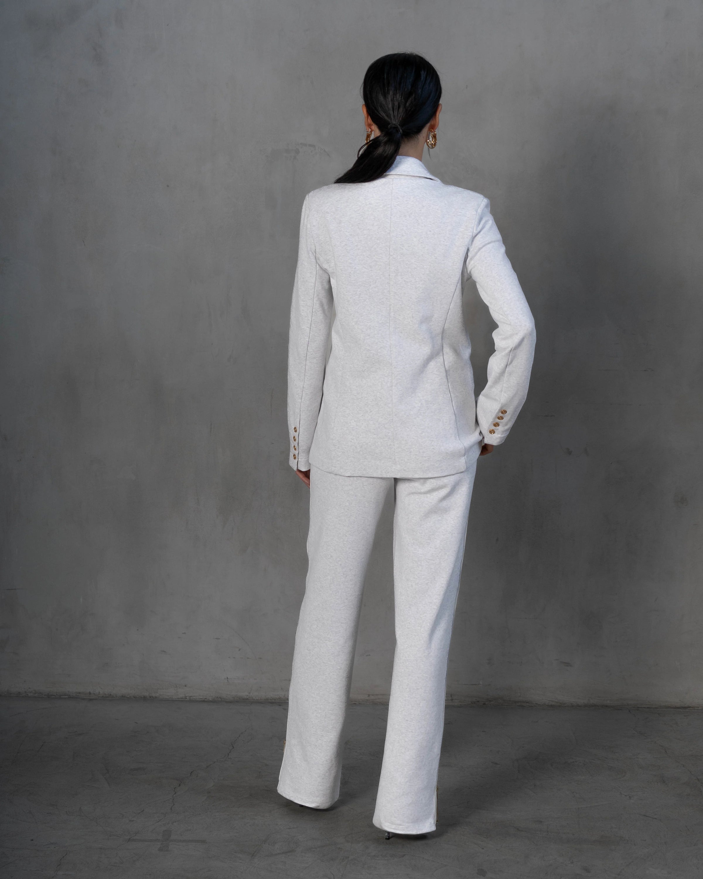 Light Gray Wide-Leg Pants with White Side Stripe and Zipper Hem Detail