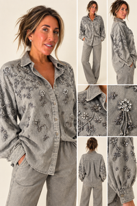 Crystal-Embellished Washed Denim Pant Set