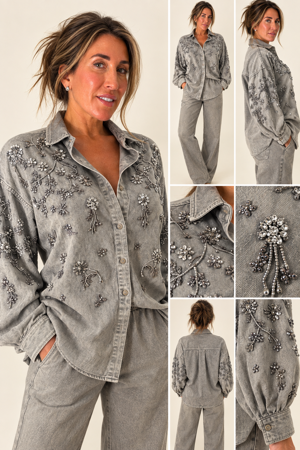 Crystal-Embellished Washed Denim Pant Set
