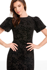 Black Velvet Floral Lace Puff Sleeve Mini Dress