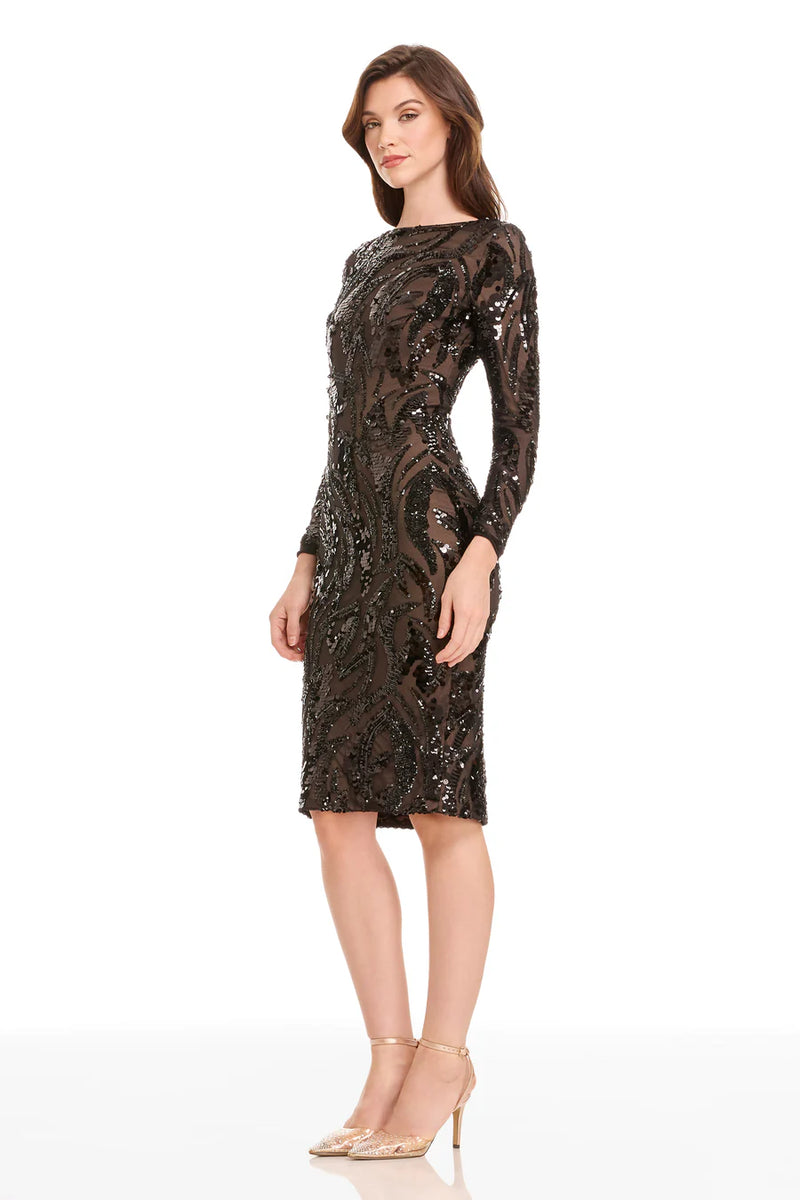 Black Nude Sequin Long Sleeve Cocktail Dress