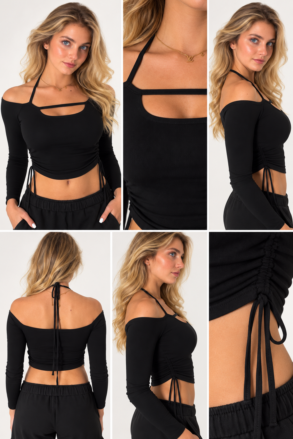 Ruched Halter-Detail Long-Sleeve Crop Top