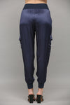 Navy Satin Cargo Jogger Pants with Ribbed Waistband
