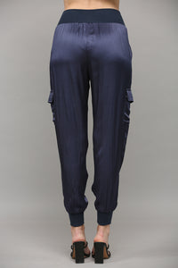 Navy Satin Cargo Jogger Pants with Ribbed Waistband