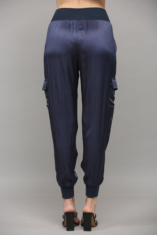 Navy Satin Cargo Jogger Pants with Ribbed Waistband