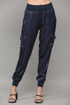Navy Satin Cargo Jogger Pants with Ribbed Waistband