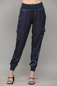 Navy Satin Cargo Jogger Pants with Ribbed Waistband