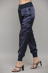 Navy Satin Cargo Jogger Pants with Ribbed Waistband