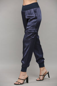 Navy Satin Cargo Jogger Pants with Ribbed Waistband