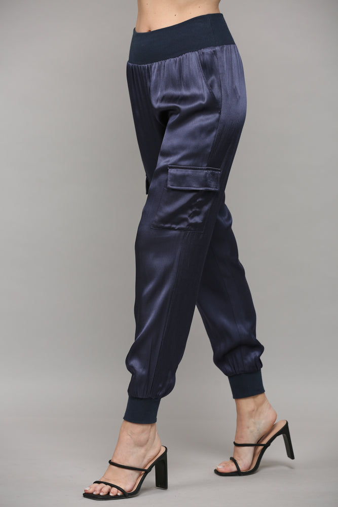 Navy Satin Cargo Jogger Pants with Ribbed Waistband