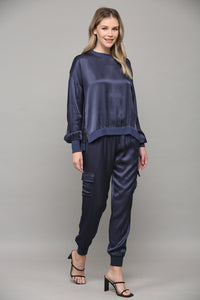 Navy Satin Cargo Jogger Pants with Ribbed Waistband
