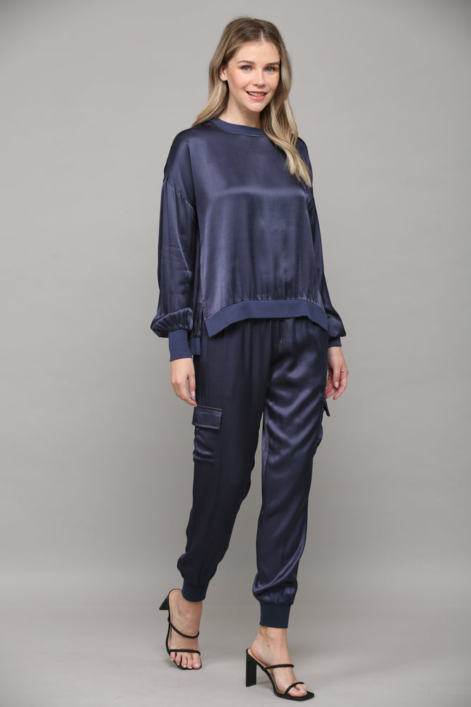 Navy Satin Cargo Jogger Pants with Ribbed Waistband