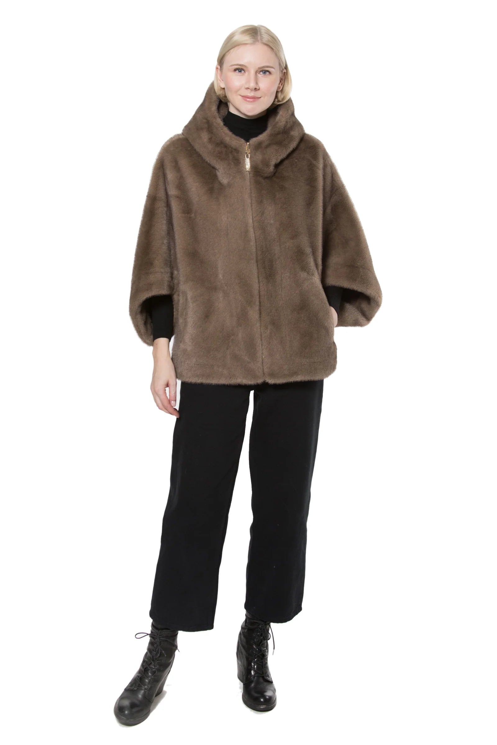 Reversible Mocha vegan Fur Hooded Cape Jacket