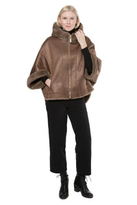Reversible Mocha vegan Fur Hooded Cape Jacket