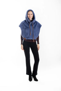 Blue Vegan Fur Hooded Cape Vest