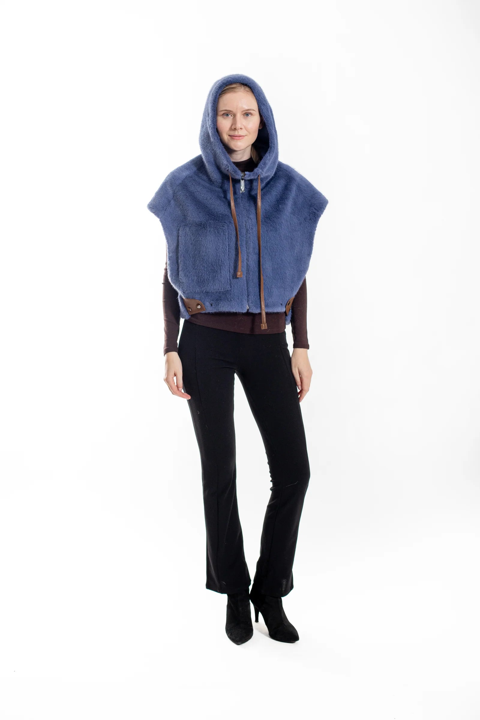 Blue Vegan Fur Hooded Cape Vest