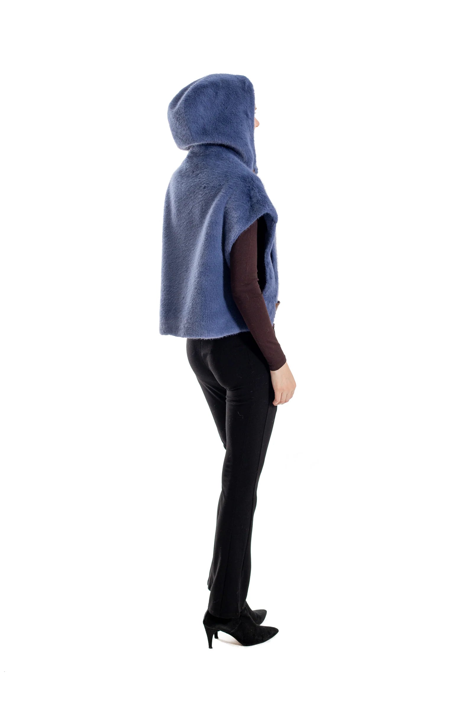 Blue Vegan Fur Hooded Cape Vest