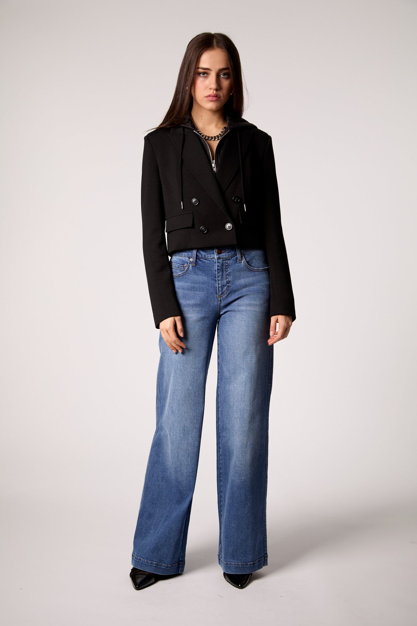 Fireside Cropped Double-Breasted Black Blazer