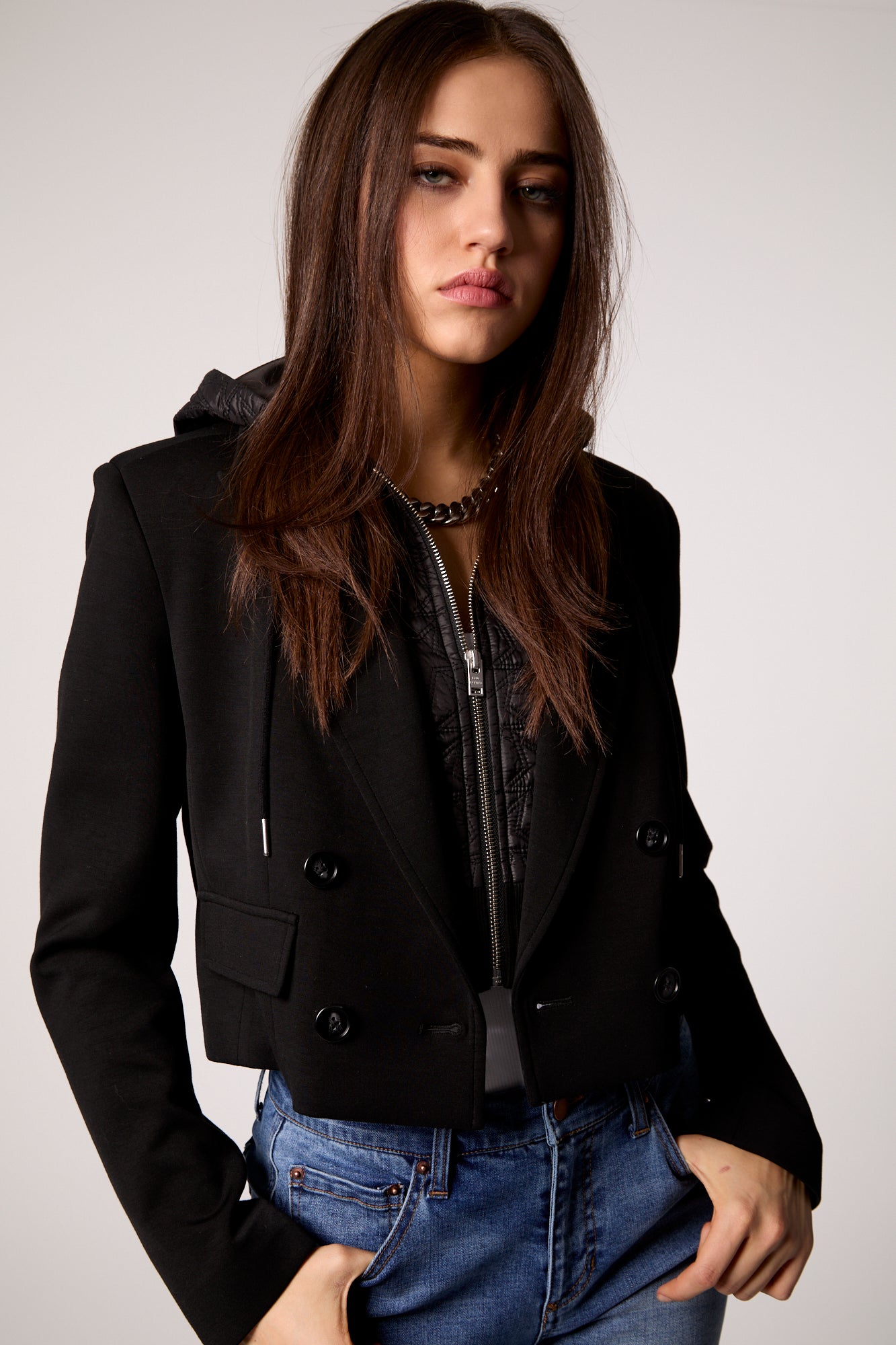 Fireside Cropped Double-Breasted Black Blazer