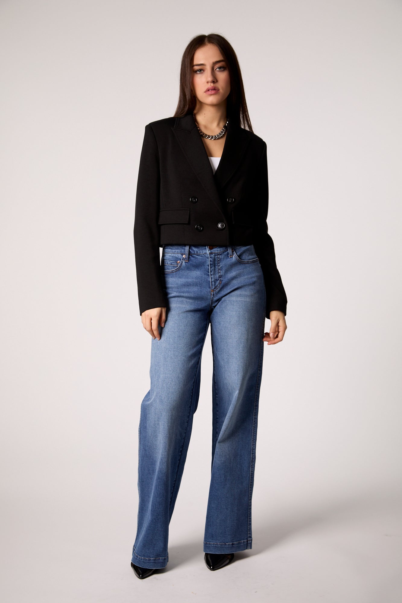 Fireside Cropped Double-Breasted Black Blazer