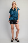Surplice Neck Oversized Satin Top Blue