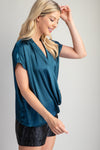 Surplice Neck Oversized Satin Top Blue