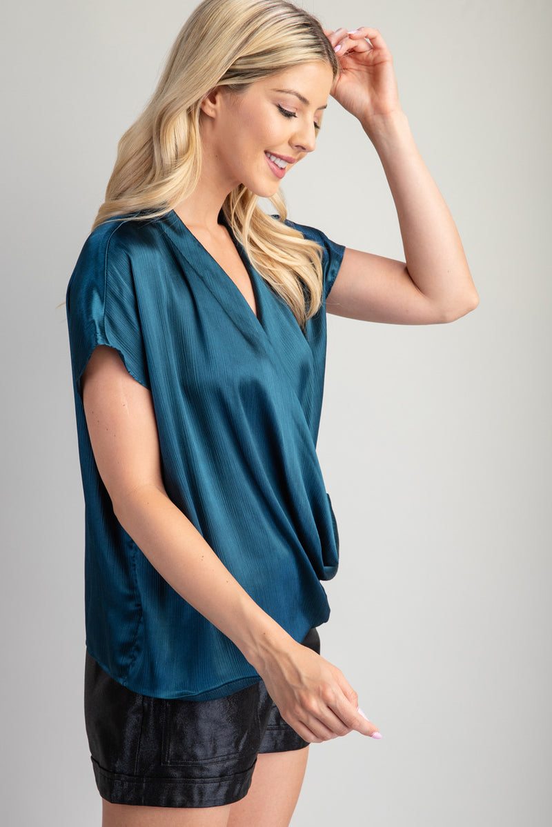 Surplice Neck Oversized Satin Top Blue