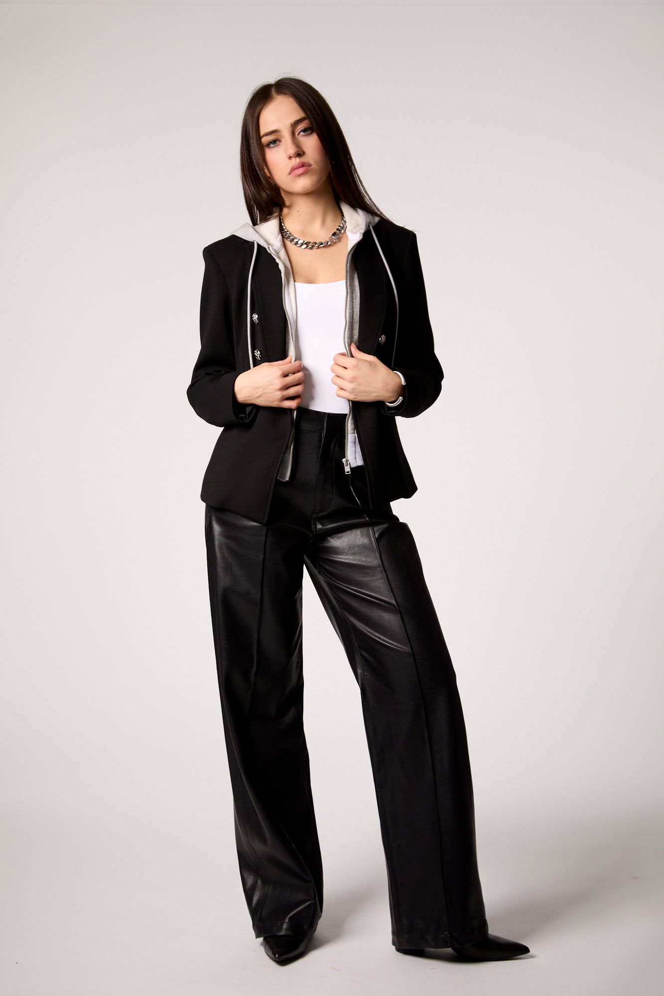 Black Double-Breasted Blazer with Removable Gray Hoodie Insert