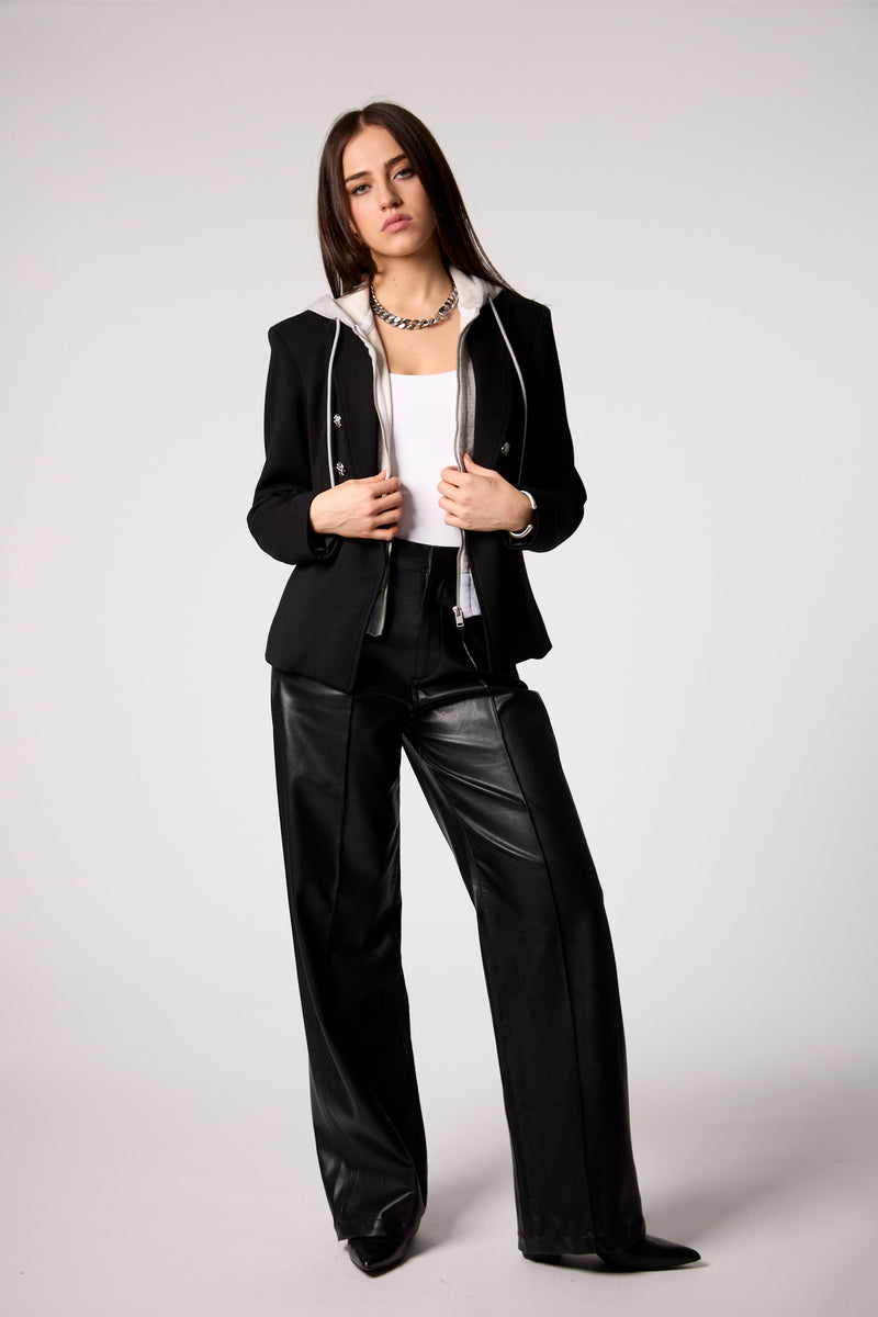 Black Double-Breasted Blazer with Removable Gray Hoodie Insert