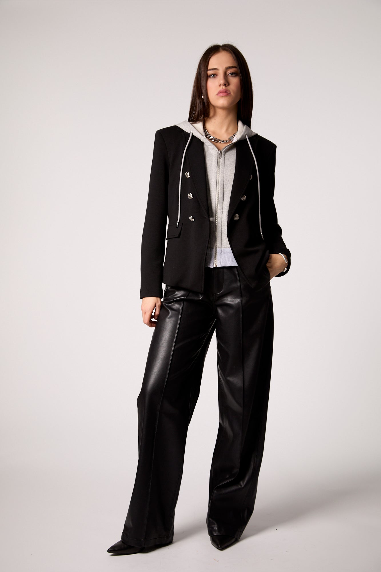 Black Double-Breasted Blazer with Removable Gray Hoodie Insert