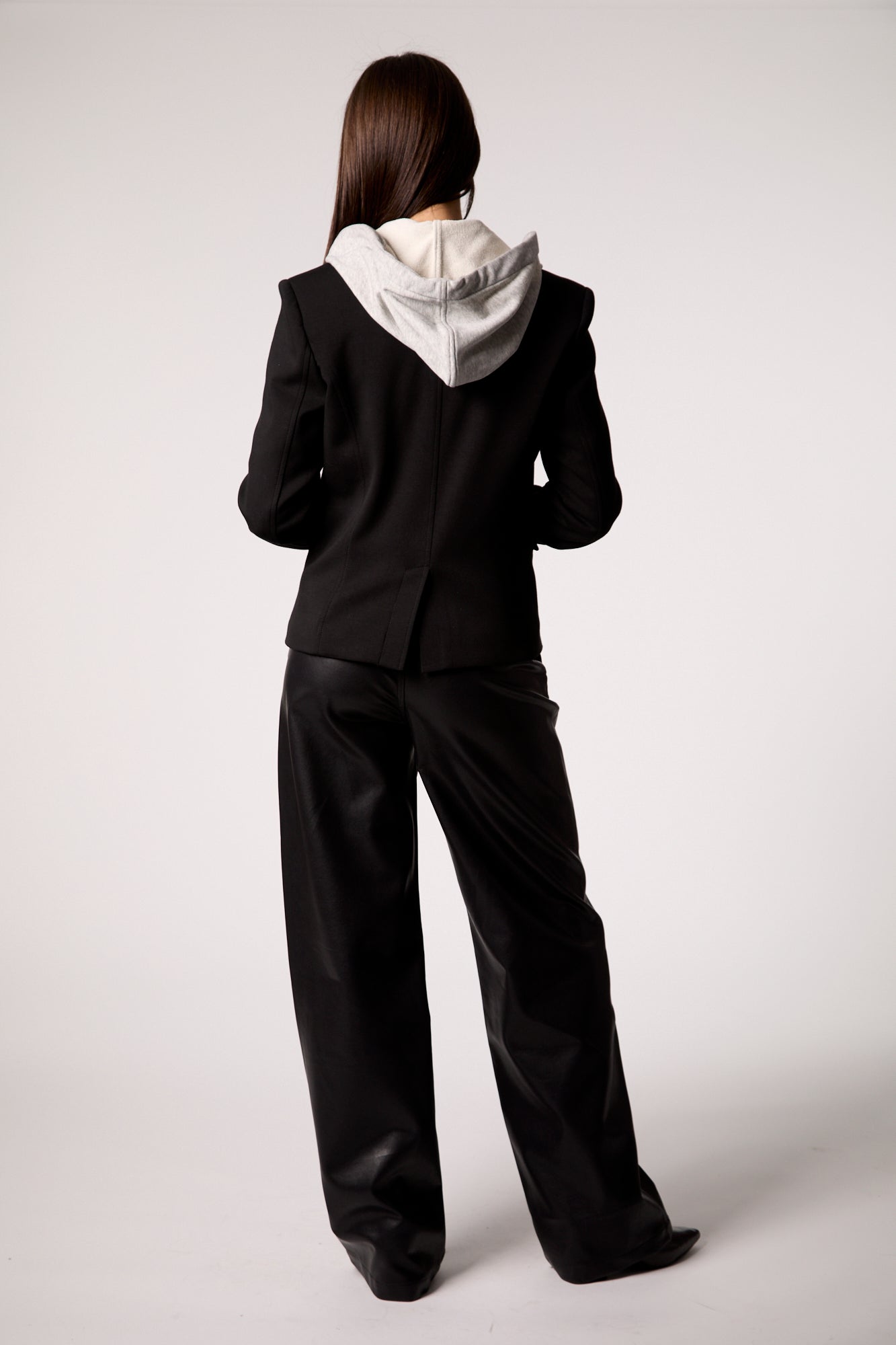 Black Double-Breasted Blazer with Removable Gray Hoodie Insert