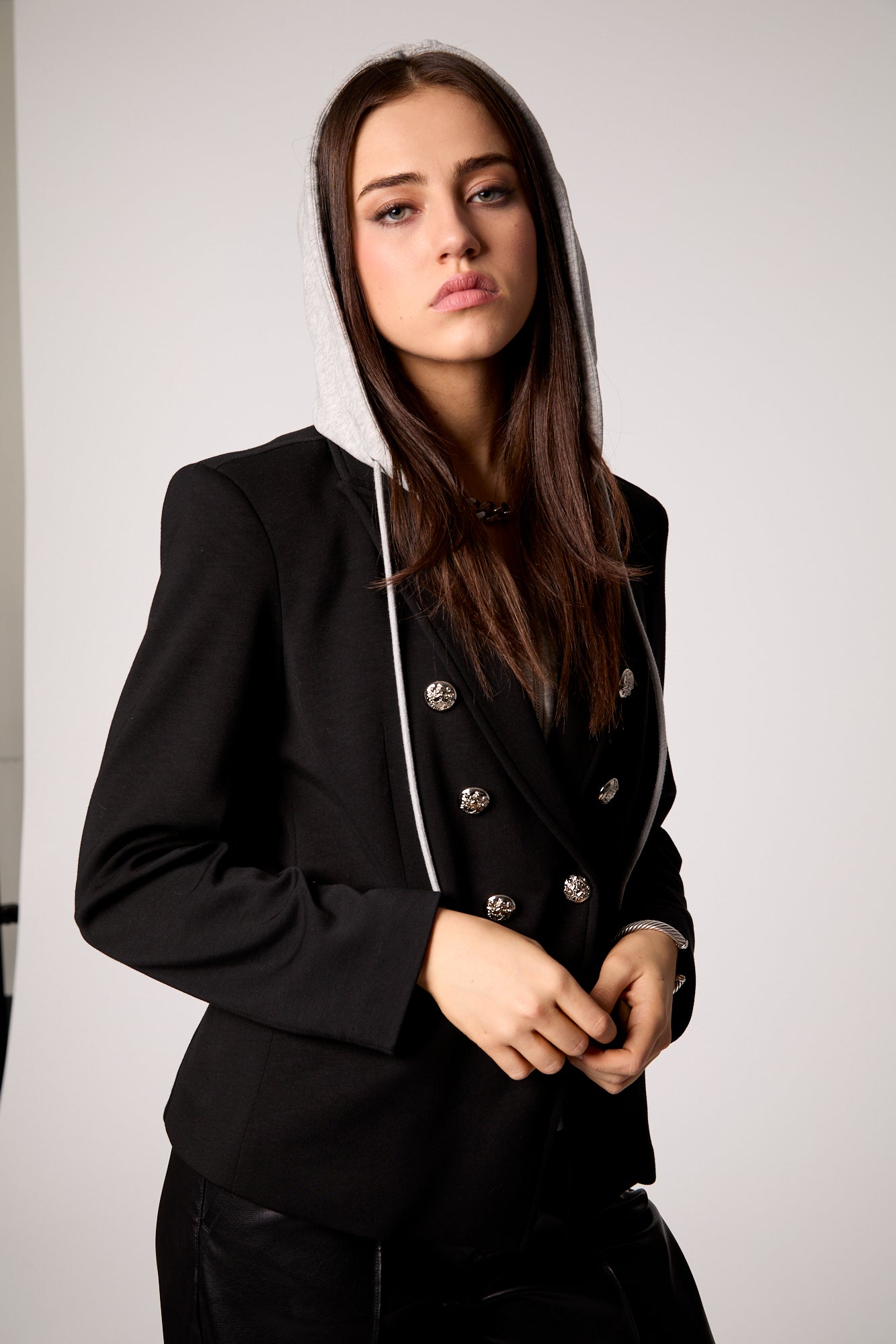 Black Double-Breasted Blazer with Removable Gray Hoodie Insert