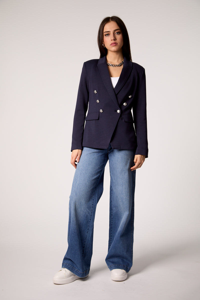 Blue Double-Breasted Blazer with Removable Gray Hoodie Insert