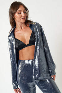 Sequin Mesh Button Down Shirt