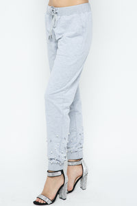 Grey Pearl Embellished Jogger Pants