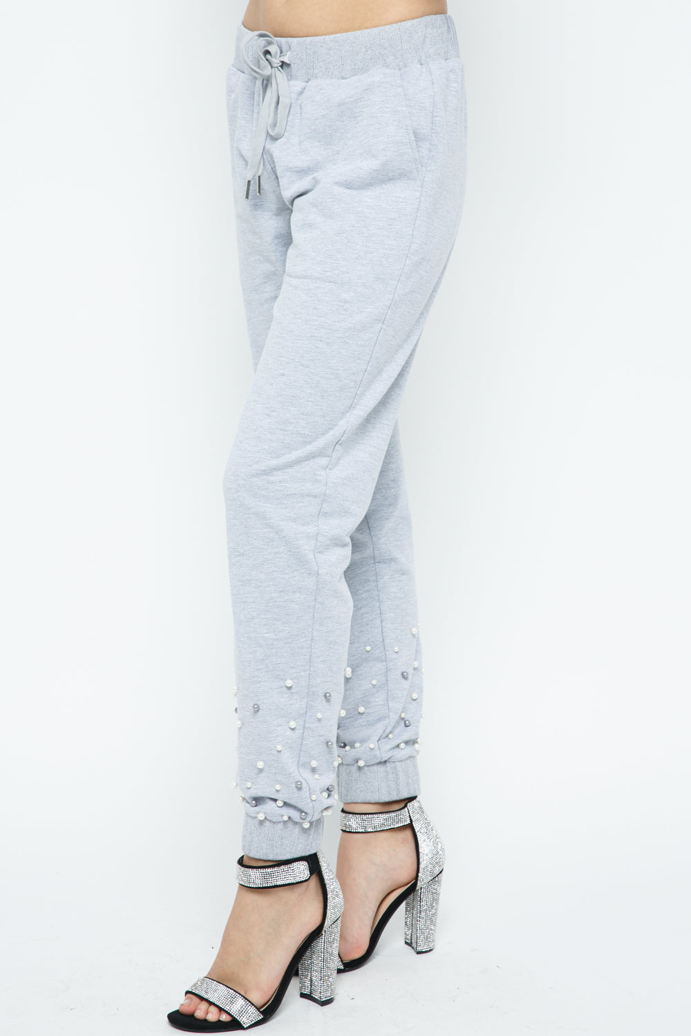 Grey Pearl Embellished Jogger Pants