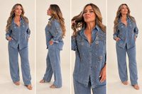 Crystal-Embellished Washed Denim Pant Set