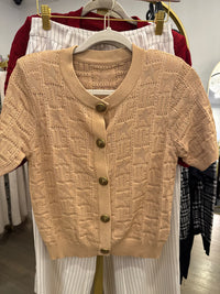 Gold Button Pointelle Short Sleeve Knit Sweater