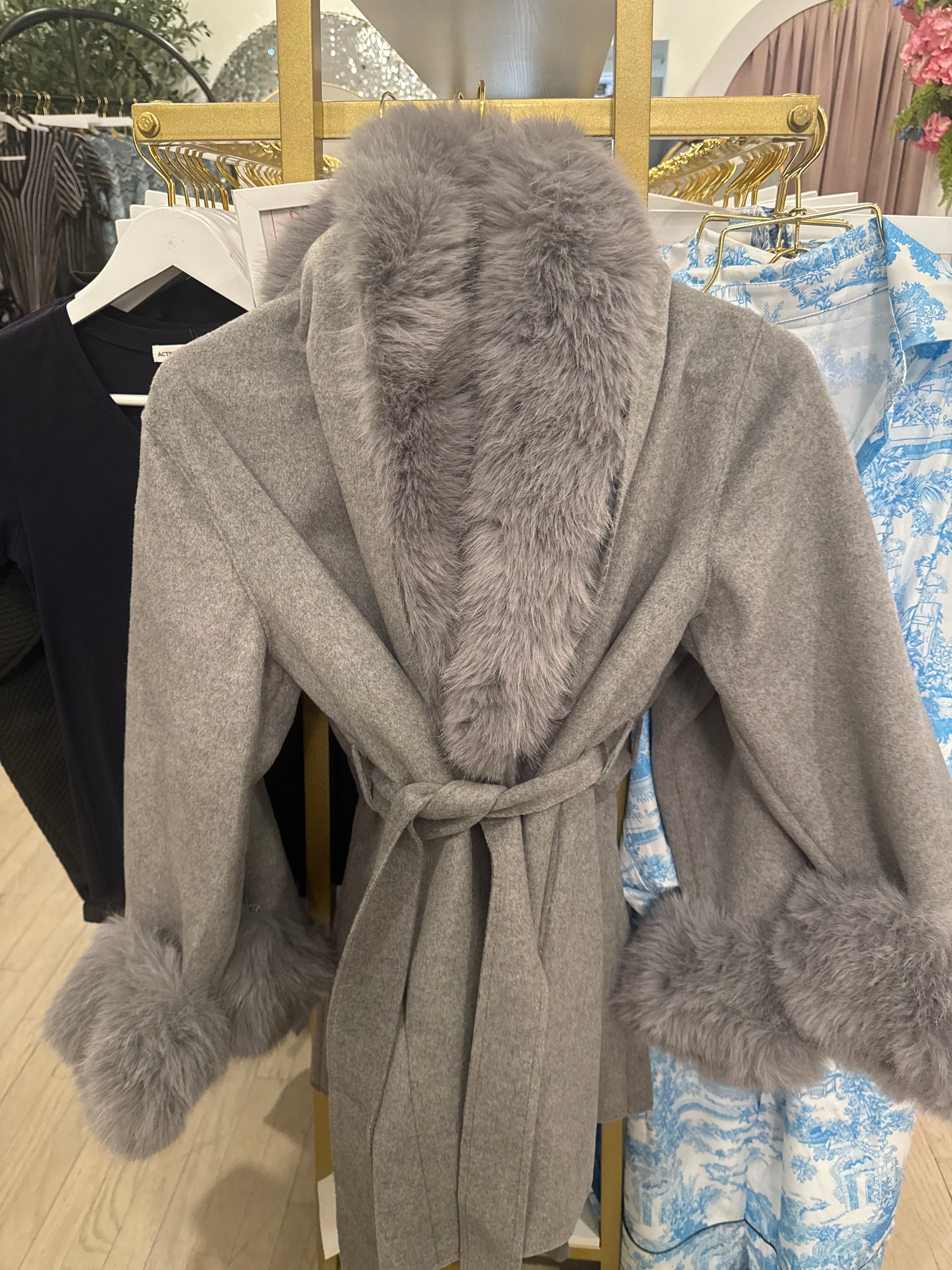Grey Trimmed Fur Wool Coat